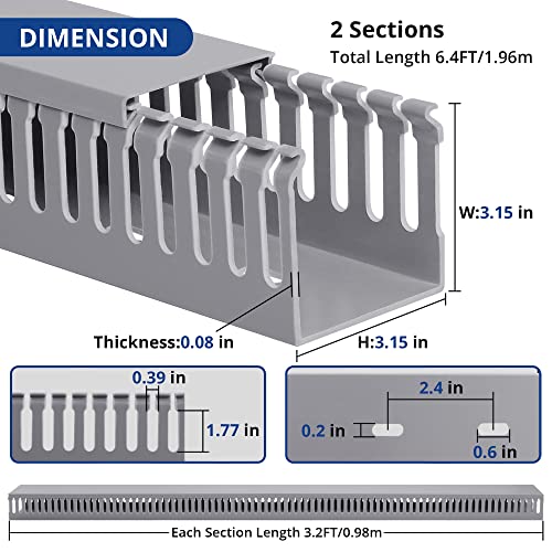 Image of ZhiYo 3 inch H x 3 inch W Cable Raceway, Under Desk Wire Management Channel Grey | Slotted Wire Duct, 2 Pack(3.3ft Each), Heavy-Duty PVC Cable Management for Server Racks, Network Cables & Electrical Cabinets