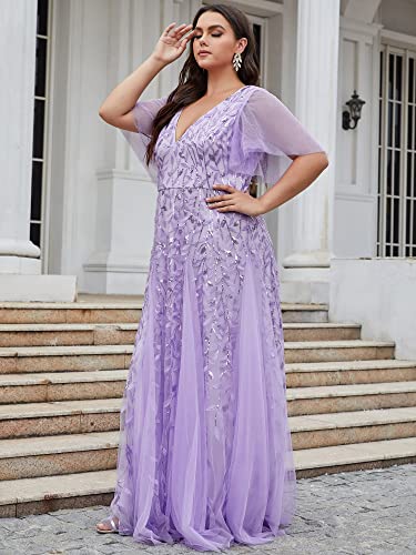 Image of Ever-Pretty Women's Sequin V Neck Plus Size Formal Dresses Evening Gown | Short Sleeve, A-Line, Empire Waist, Plus Size Mother of the Bride Dresses, Plus Size Gala Dress