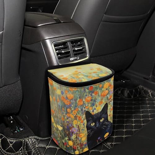 Image of Talayituse Cat Flower Print Car Trash Can with Lid, Leak Proof Auto Trash Bag Hanging Vehicle Garbage Can Multipurpose Storage Container for Back Seat Road Trip