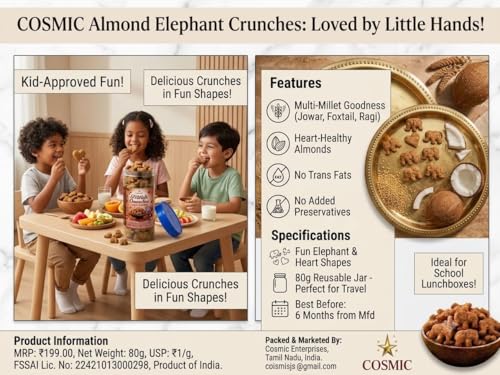 Image of Cosmic Millet Crunches Almond Elephant | Healthy Multi Millet Snack for Kids & Adults | Sweetened with Natural Jaggery | Almond Flavour | Rich in Fibre | 80g