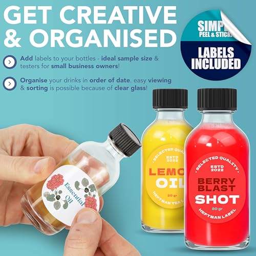 Miniatura 6 de Heftman Mini Botellas De Cristal Con Tapas - Paquete De 12 Shots Botellitas De 60 Ml Con 3 Embudos Y Etiquetas, Botellitas Pequeñas Para Rellenar Reutilizables Para Jugos, Aceites, Licores Y Salsas
