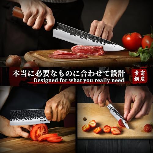 Image of Huusk Japanese Kitchen Knife Set of 3, Professional Chef Knives Set for Kitchen, Sharp Cooking Knife Sets with Nakiri, Gyuto & Paring Knives, High Carbon Steel Sharp Cutting Knifes, Men Women Gifts