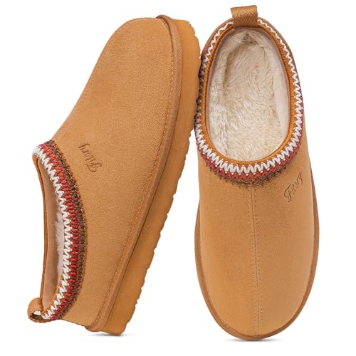 FITORY Women's Suede Slipper, Flat Slip On House Shoes with Faux Fur Lining Indoor Outdoor Short Mini Boots