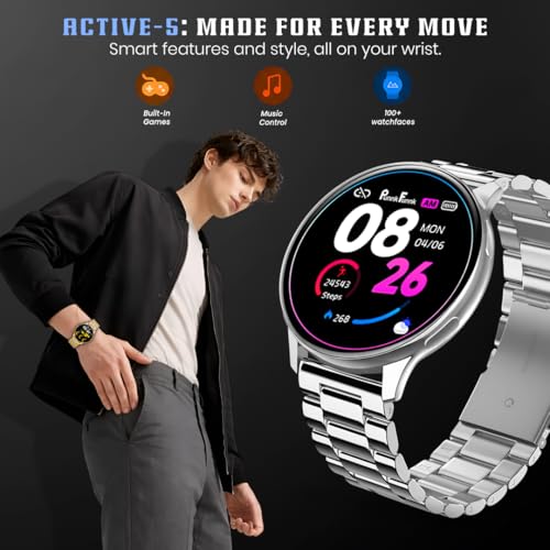 Image of PunnkFunnk Active 5 Smart Watch with 1.3 inch AMOLED HD Display | Bluetooth Calling, AI Voice Assistant, 100+ Sports Modes, Heart Rate & SPO₂ Tracking, IP68 Waterproof for Men & Women- (Metal Silver)