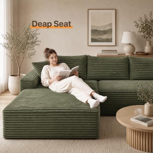 Image of Claiks 104 inch Boneless Couch, U-Shape Corduroy Sectional Sofa, Green