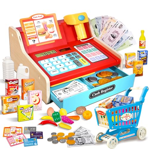 Caja Registradora Juguetes infantil de Madera con Escáner y Sonido, Caja Compra de Juegos Niños y Niñas a Partir de 3 a 6 Años, Máquina Registradora Juguete, Regalos Juguetes de Reyes per Niño Niña