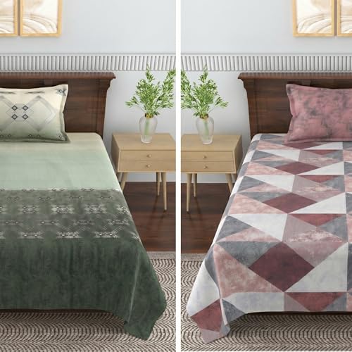 Image of Mafatlal Cotton Single Bedsheet Combo Pack of 2 with Pillow Covers | 186 TC Soft Breathable Bed Sheets for Single Bed | Floral Printed Bedding Set | Blue & Beige Brown