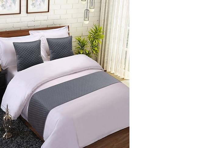 Quilted Bed Top Runner Set with 2 Cushion Covers, Burgundy Red, Decorative Bedding Accessories (Grey)-image-36