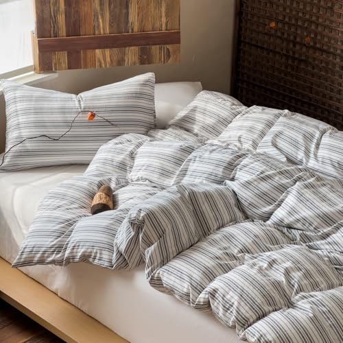 Image of EAVD Retro Grey White Striped Duvet Cover Queen Soft 100% Washed Cotton Reversible Striped Bedding Set with 2 Pillowcases Farmhouse Geometric Pattern Duvet Cover with Zipper Closure