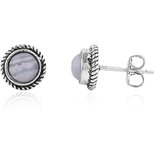 6mm Round Gemstone Cabochon Stud Earrings Natural Stone, Oxidised Silver Plated, Hypoallergenic Handmade Jewelry for Women, Classic Vintage Boho Style Earrings