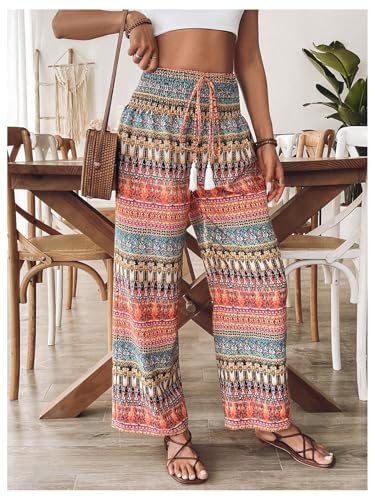 SHENHE Women's Bohemian Graphic Palazzo Pants Elastic Wide Leg High Waisted Boho Trousers2