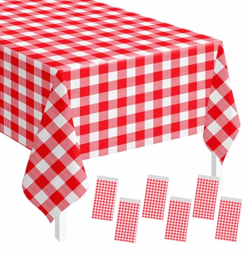 Image of SietDESEO 6 Pack Red Gingham Tablecloth Rectangle 54 x 108 Red and White Checkered Table Cloth Disposable Plaid Table Cover Plastic for Birthday Baby Shower Picnic Wedding Party Supplies