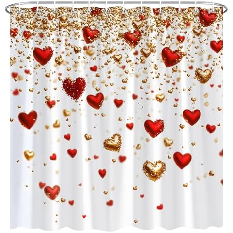 BCNEW Valentine's Day Shower Curtain Red Golden Love Heart Pattern Romantic Luxury Glitter Falling Shiny Fashion Modern Women Girl Polyester Fabric Bathroom Decor 70×70 Inch with Hook Cover