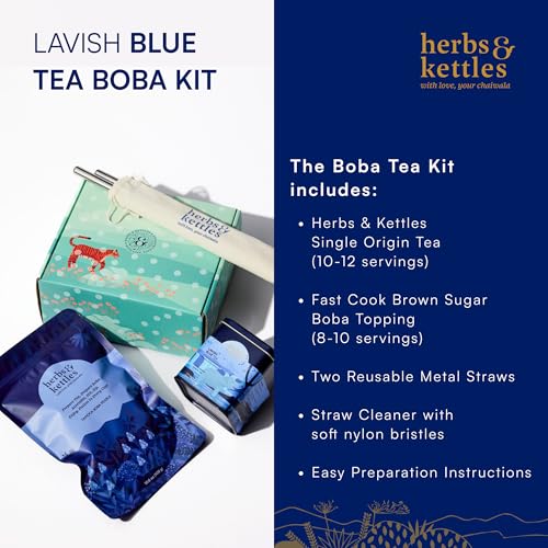 Image of Herbs & Kettles Lavish Blue Tea Boba Kit | Butterfly Pea Flower Tea with Green Tea, Lemongrass, Ginger & Mint + Chewy Tapioca Pearls | DIY Color-Changing Bubble Tea Kit with Reusable Straws |
