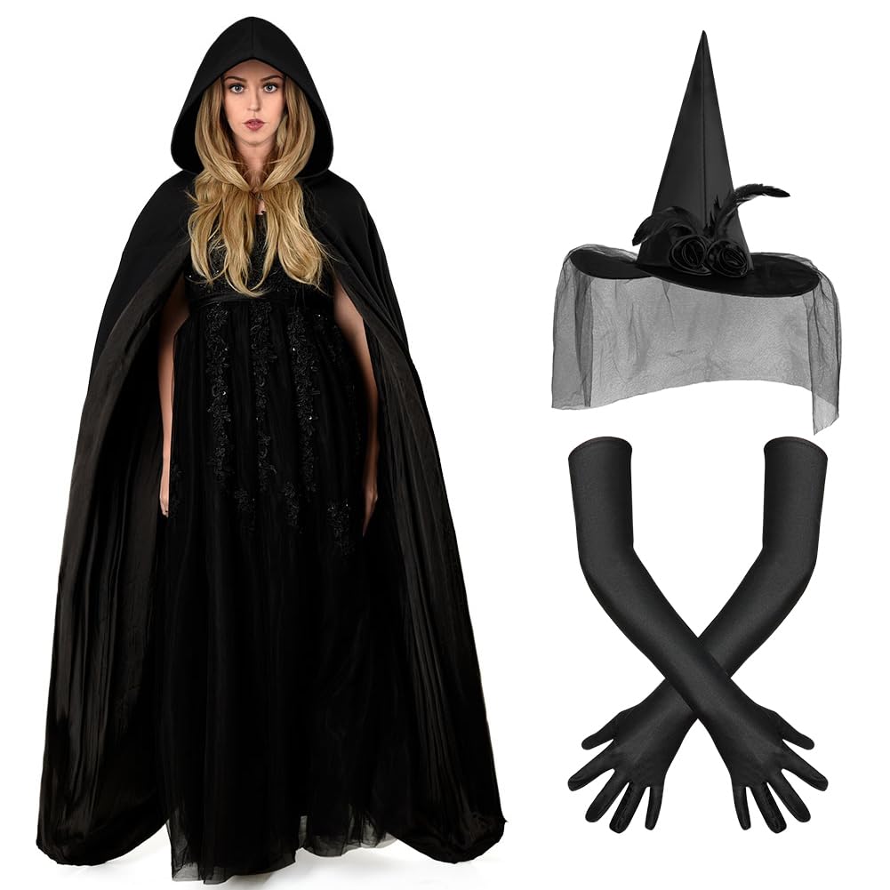 AUYAO Hexenkostüm Damen Hexen Kostüm Komplettset mit Kapuzenumhang/Spitzenmaske/Armband Schwarz Hexen Umhang Halloween Kostüm Erwachsene Damen für Halloween Karneval Maskerade Hexe Vampir Cosplayparty
