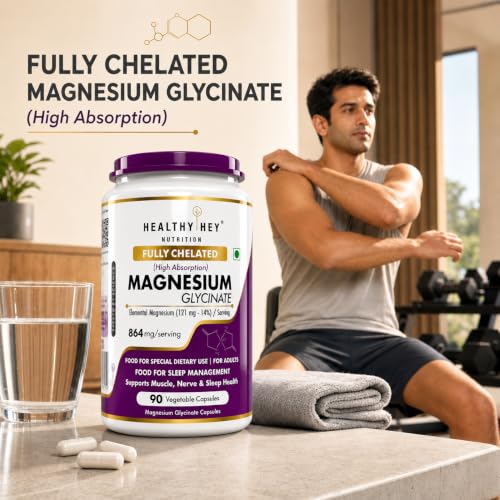 Image of HealthyHey Nutrition Magnesium Glycinate 14% Fully Chelated Supplement High Absorption for Sleep, Cramps, & Nerves Health - 90 Vegetable Capsules