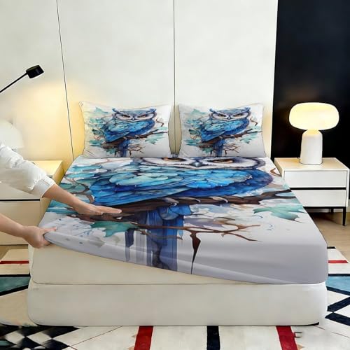 Drap housse hibou 200x200x25cm en microfibre bleue