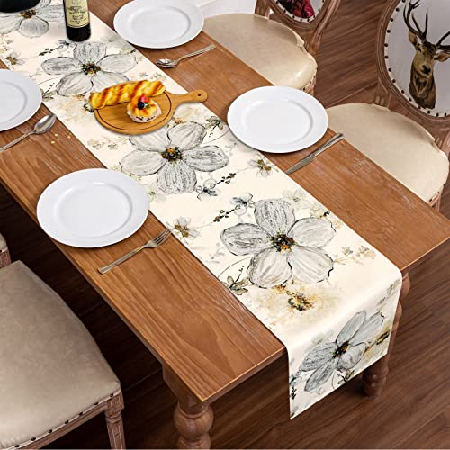 Alynsehom Floral Table Runner Ink Peach Blossom Table Cover Rustic Table Runner Vintage Cotton Linen Table Covers For Kitchen Coffee Summer Spring Holiday Dining Table Home Living Room Decor - 13X70In #TOP4