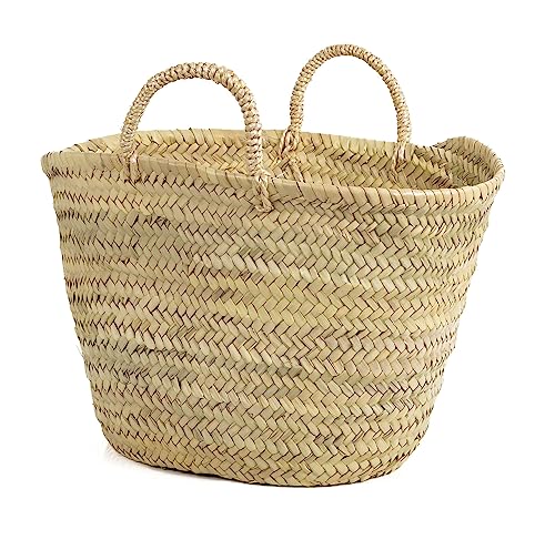 Bolso cesto infantil de mimbre de fibras naturales. Capazo de Palma para niños y niñas, con asa corta de pita. Aprox. 23x20x17cm