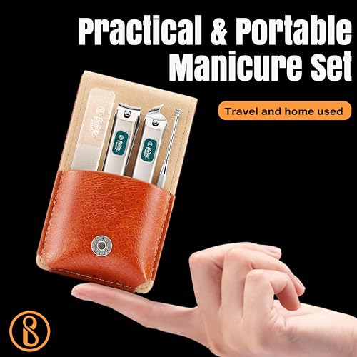 Image of Beaute Secrets Nail Cutter Set for Men & Women | Premium Nail Clipper Kit with File & Ear Cleaner | Pocket Size Grooming Kit with Leather Case, Brown