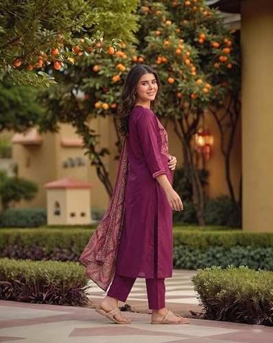 Image of GoSriKi Women's Rayon Viscose Straight Printed Embroidered Kurta with Pant & Dupatta | Ethnic Kurta Set for Women | Daily, Office & Festive Traditional