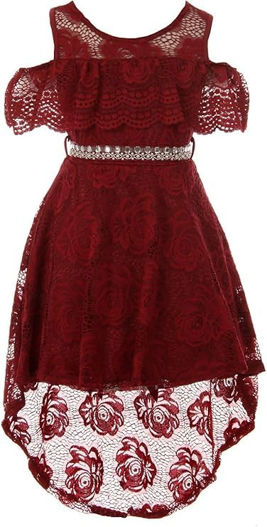 Girls Off Shoulder Hi-Lo Floral Lace Rhinestone Flower Girl Swing Summer Dress USA 4-164