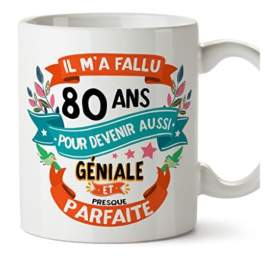MUGFFINS Tazas 80 Cumpleaños - En Francés - Il m'a fallu 80 ans pour devenir aussi geniale - 11 oz - Regalo original y divertido