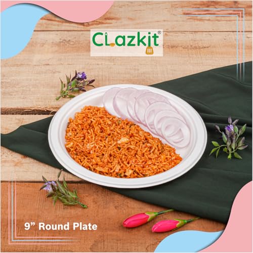 Image of Clazkit 9 Inch Round (50 Pc) Bagasse Plates, Eco-Friendly Disposable Party Pack Alternative to Plastic Paper Plate