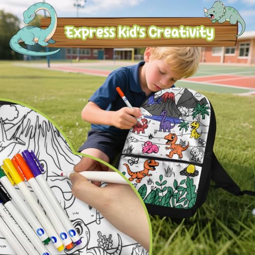 Color Your Own Backpack Coloring Dinosaur Backpack for Boys 8-12 with Markers Personalized Doodle DIY School Bag for Kids 17 inch Art Crafts Bookbag2
