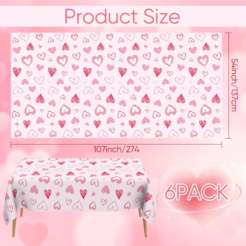 Image of Valentines Tablecloth, 6Pack Valentines Day Tablecloth Decorations, 54x108 Inch Pink Heart Valentine Table Cloth Rectangle Disposable Table Cover for Valentine's Day Anniversary Wedding Party Supplies