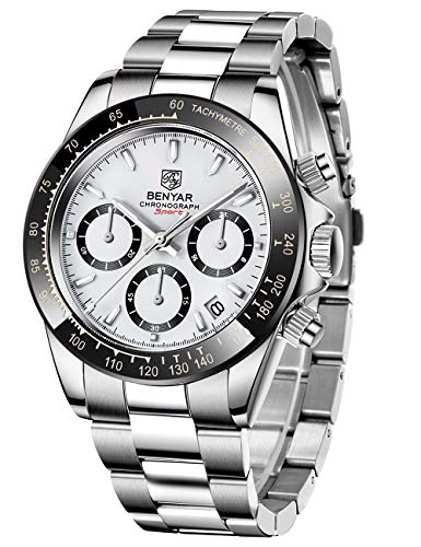 Men's Watch BENYAR Fashion Quartz Movement Wrist Watch Analog Chronograph Business Waterproof and Scratch Resistant Stainless Steel Strap Leisure Sports Watches for Men?Silver White?