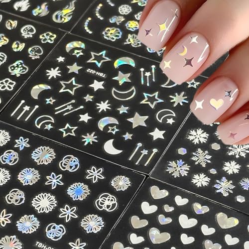 Image of MAYCREATE Aurora Moon Star Holographic Nail Art Stickers, 30 Sheets | Self-Adhesive Backing, Holographic Finish, Easy DIY Application, Moon and Star Designs, for Party Manicures and Acrylic Nail