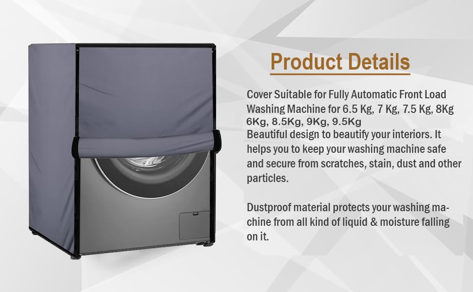 Image of Wings Star Polyester Front Load Washing Machine Cover Suitable For Bosch 6.5 Kg, 7 Kg, 7.5 Kg, 8 Kg, 8.5 Kg, 9 Kg. (63X63X81 Cms, Grey)