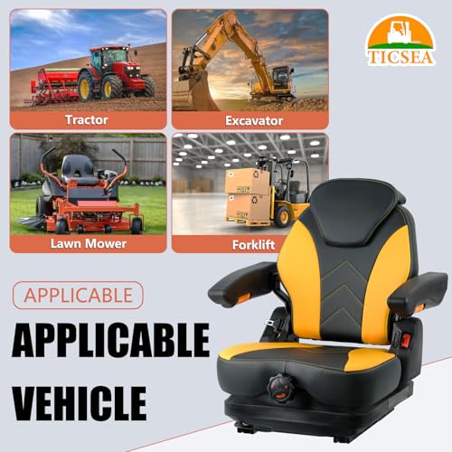 Image of Tractor Suspension Seat, Highback Low Suspension Mower Seat, Adjustable Backrest and Slide Rails, Armrests Shock Absorber Heavy Duty Seat for Toro Forklift Mower Excavator Harvester