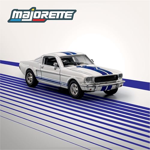 Image of Majorette Collection 1965 Shelby GT350, Blue and White Metal Car, 1:64 Scale, Rubber Wheels, Clear Headlights, Screw Display, Collector's Special