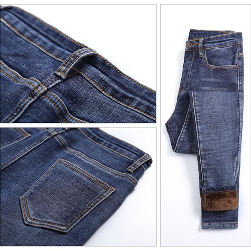 SKYWPOJU Thermojeans Damen Winterhose Thermohose Leggings mit Innenfleece Winterhose Warm Gefütterte Jeans Straight Hose mit Weitem Gummizug Band Jeans Fleece Treggings Damen