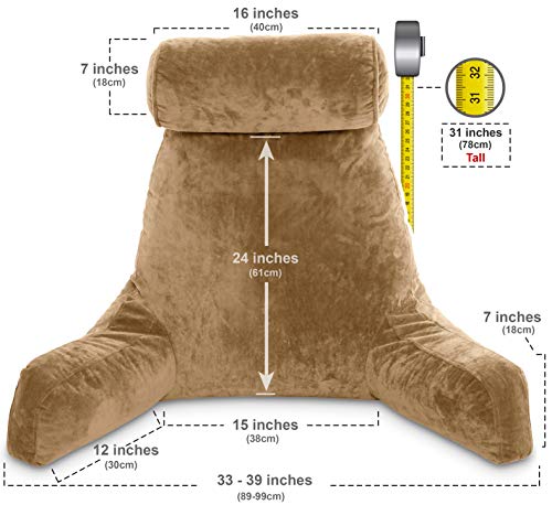 Husband Pillow XXL Tan Backrest with Arms - Adult Reading Pillow Shredded Memory Foam, Ultra-Comfy Removable Microplush Cover & Detachable Neck Roll, Unmatched Support for Bed Rest Sit Up Pillow