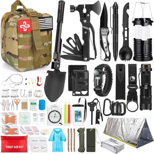 Kit de emergência multifuncional para sobrevivência na natureza com 252 peças, adequado para acampamento ao ar livre, conjunto de ferramentas de sobrevivência na natureza (Cáqui)