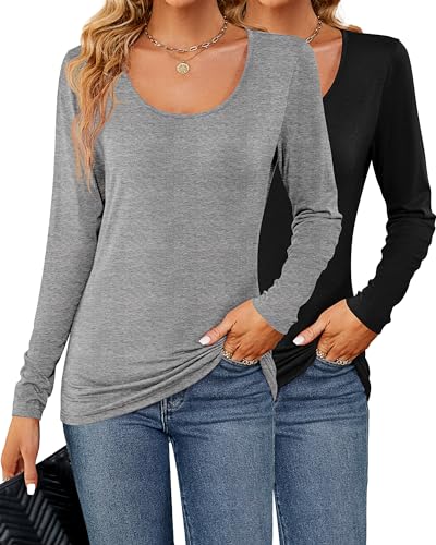 Riyiper 2 Pcs Womens T Shirt Tops with Scoop Neck Basic Casual Tee Women Basic Layer Shirts (Black, Light Grey, Long Sleeve,Medium)