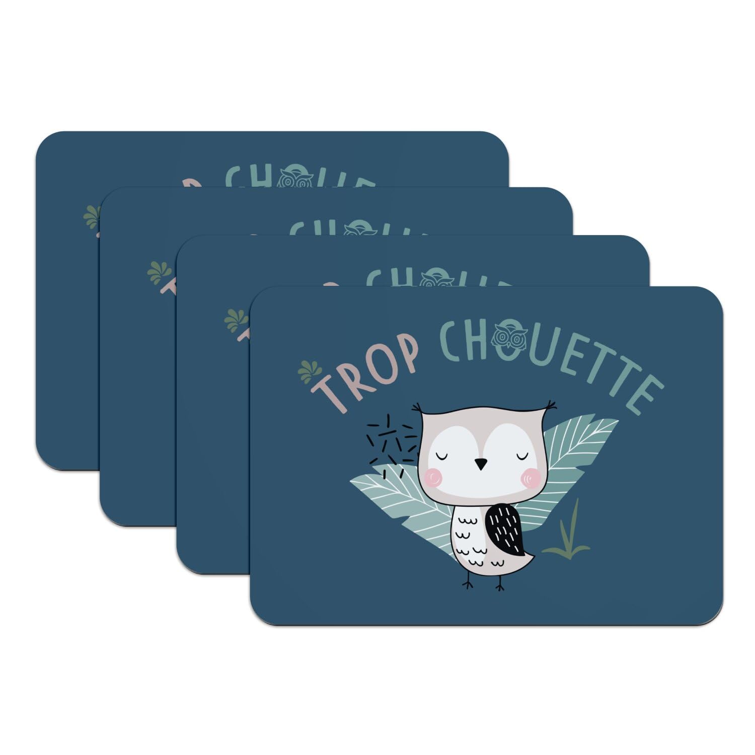 Lot de 4 sets de table en caoutchouc bleu grand format 39,5 x 28,5 cm avec motif chouette mignon