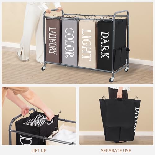 Image of STORAGE MANIAC Laundry Sorter 4 Section, 47.5 Gal (180 L) Laundry Hamper with Wheels, Clothes Divider Basket Sorter, Separator Hamper Cart with Removable Bags, Multicolored