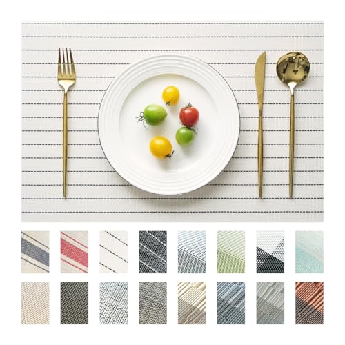 SUMYMERY Placemats Set of 12 Vinyl/Plastic Woven Place Mats for Kitchen Table Indoor/Outdoor Washable Placemat Wipeable Dining Table Mats (White Stripes,12)