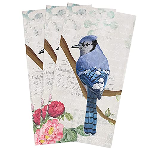 Bekyonee Kitchen Dish Towels,3 Pack Vintage Blue Jay Birds Boho Flower And Branch Hand Towel Absorbent Dish Cloth Microfiber Terry Cloths Tea Towel For Dishes Counter/Bar Retro Letters Kraft Paper #TOP8