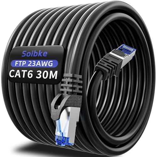 Soibke Cable Ethernet 30 Metros, Cat 6 Cable de Red 30m Blindado FTP Cables RJ45 Alta Velocidad 23AWG Cables Internet 1Gbps 250MHz Gigabit Cabl Red Negro Impermeabilización Cabl LAN para Modem