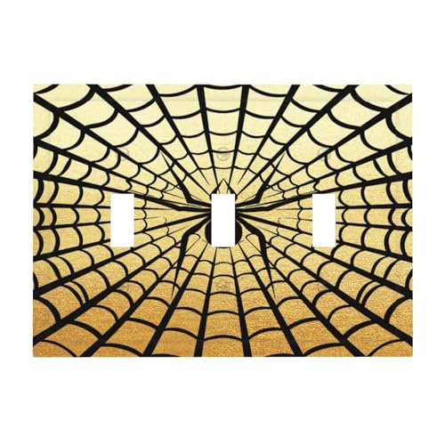 Decorative Switch Plate Covers Black Spider Spiderweb on Golden Background 3 Gang Light Switch Cover Plate Triple Toggle Wall Plate Light Switch Covers for Bedroom Home Decor