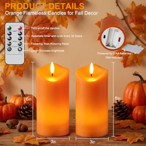 Image of Fall Decorations, Flameless Orange Pillar Candles with Remote
