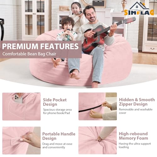 4FT Bean Bag Chair, Large Bean Bag Chairs with Memory Foam Filled, Fluffy Beanbag Sofa with Dutch Velvet Cover, Round BeanBag Chairs for Living Room, Playroom - Light Pink