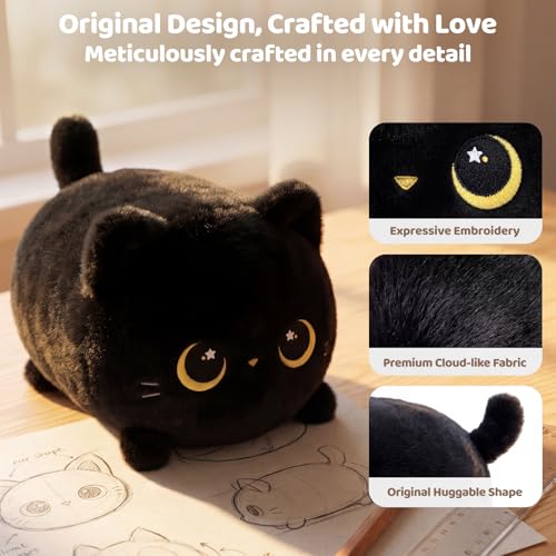 Mewaii Schwarze Katze Plüschkissen 20CM Weiches Kawaii Kuscheltier für Kinder,Niedliches Katze Plüschtier,Perfektes Kuschelkissen und Geschenk
