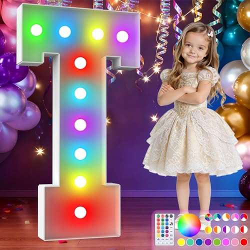 Image of 3FT Colorful Marquee Letters,18-Color Letter T with Remote Control Large Light Up Numbers Sign,Pre-Cut Foam Board Set for Party Decoration, Birthdays, Weddings, Graduations, Baby Anniversaries