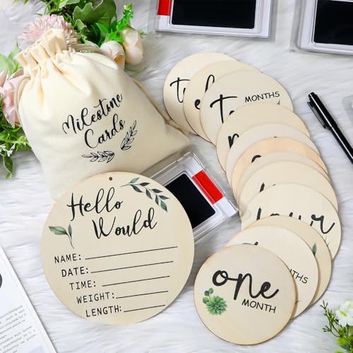 Image of Cinnvoice Baby Announcement Sign, Round Baby Nursery Name Signs Monthly Baby Milestone Monthly Milestone Wood Discs Hello World Newborn Sign for Photo Prop(Plant)